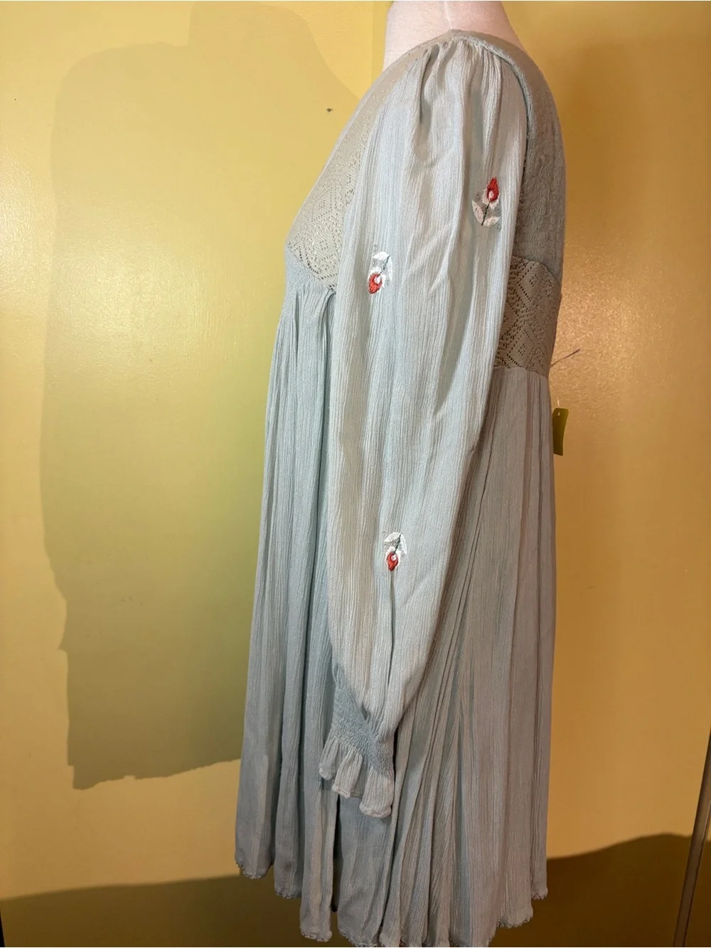 Free People Mojave Embroidered Sage Long-Sleeve Babydoll Dress. Callout